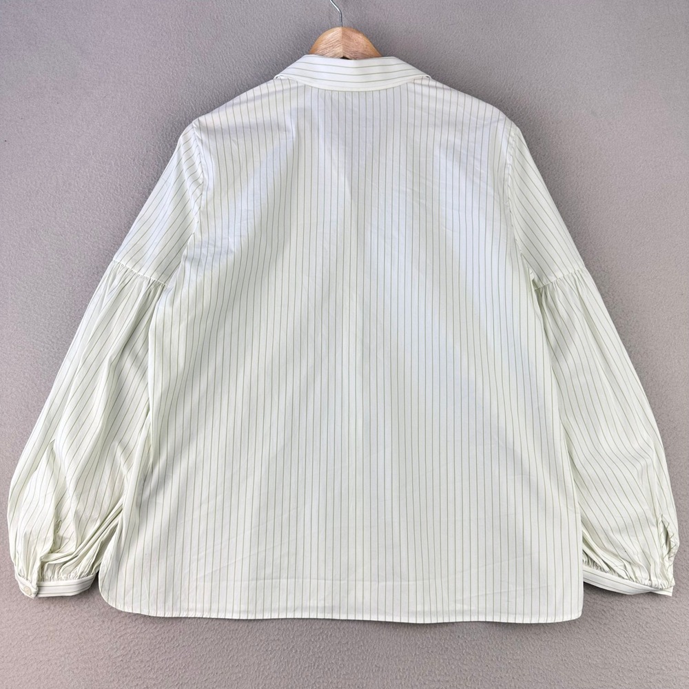 Lafayette 148 New York Striped Button Up Shirt Women M Green Balloon Sleeve - Picture 3 of 9